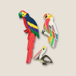 Vintage Colorful Parrot Bird Brooch Set Of 3